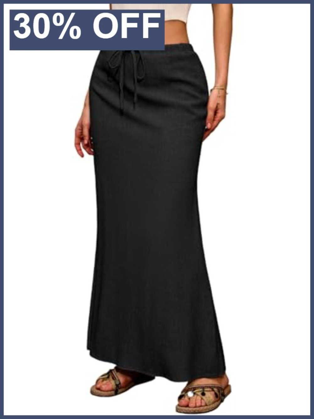 Linen Flared Maxi Skirt Boho Flowy Ankle-Length Drawstring Women Summer